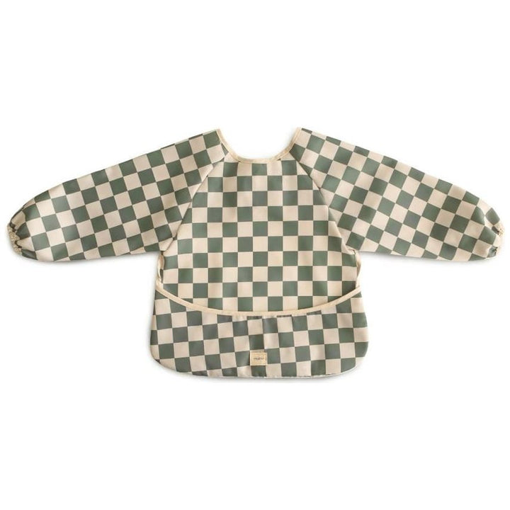 Mushie Long Sleeve Bib Mealtime Mushie Olive Check  