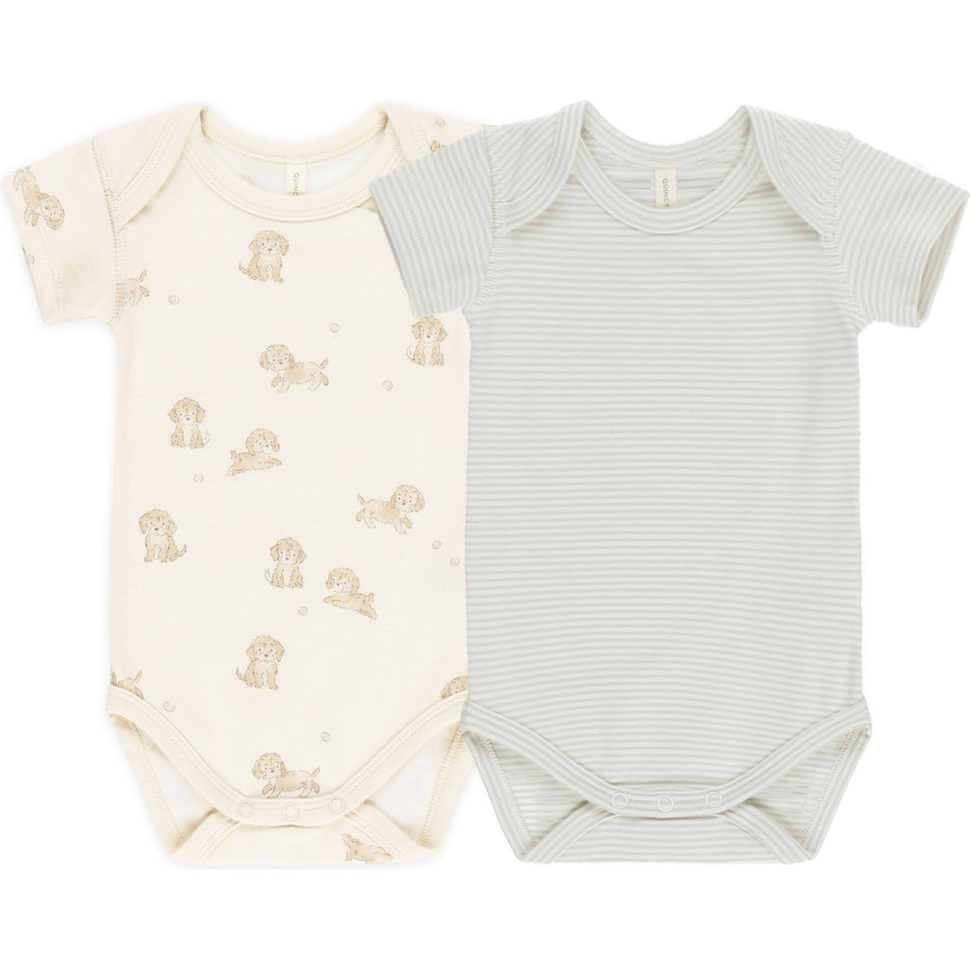 Quincy Mae Short Sleeve Bodysuit, 2 Pack - Puppies, Blue Stripe Bodysuit Quincy Mae