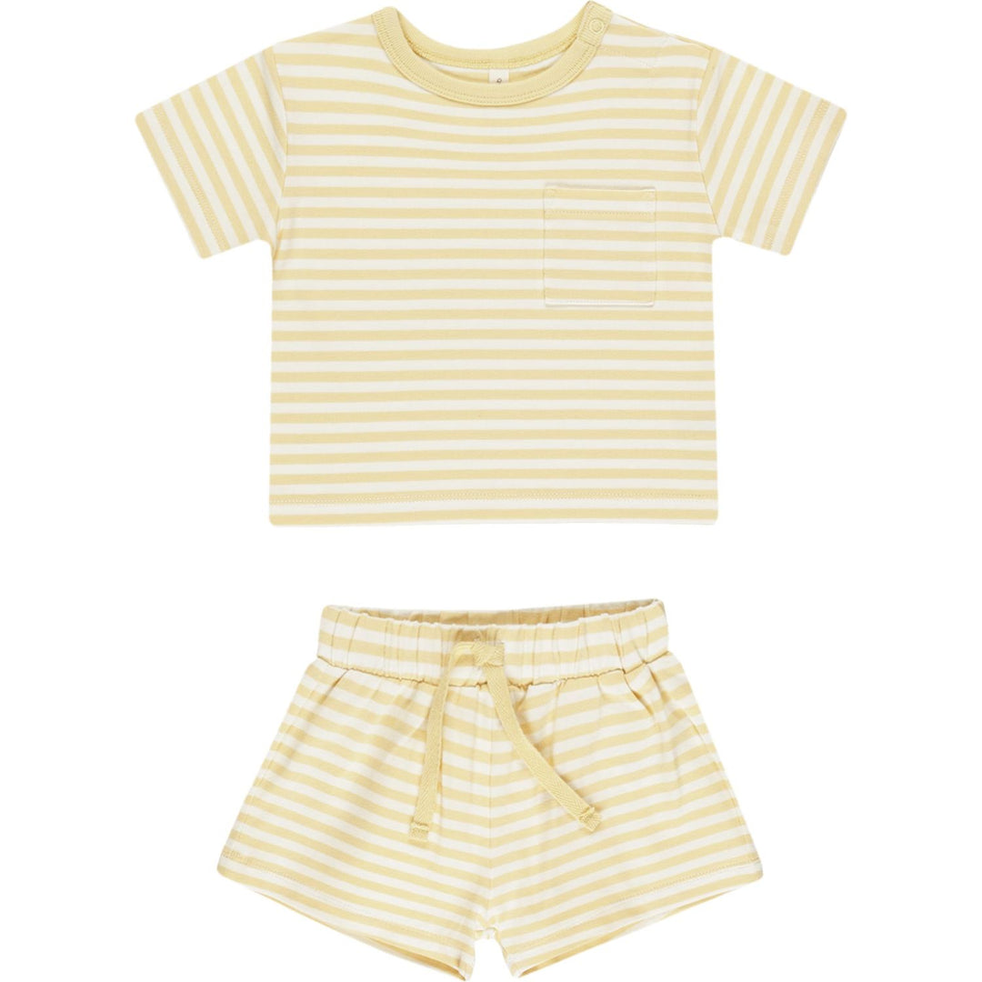 Quincy Mae Pocket Tee + Short Set - Yellow Stripe Tops & Bottoms Quincy Mae