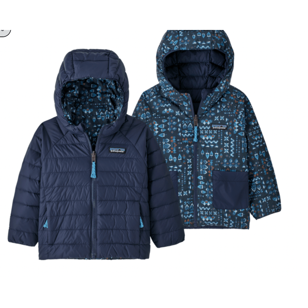 Fall 2023 Patagonia Baby Reversible Down Sweater Hoody Jackets Patagonia Wandering Woods: Tidepool Blue 0-6M 