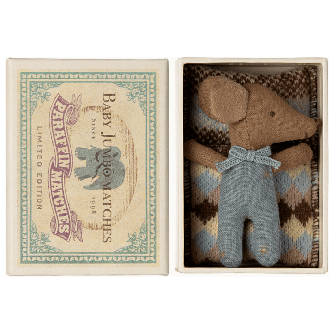 Maileg Sleepy Wakey Baby Boy Mouse In Matchbox 2024-Blue Mice Maileg   