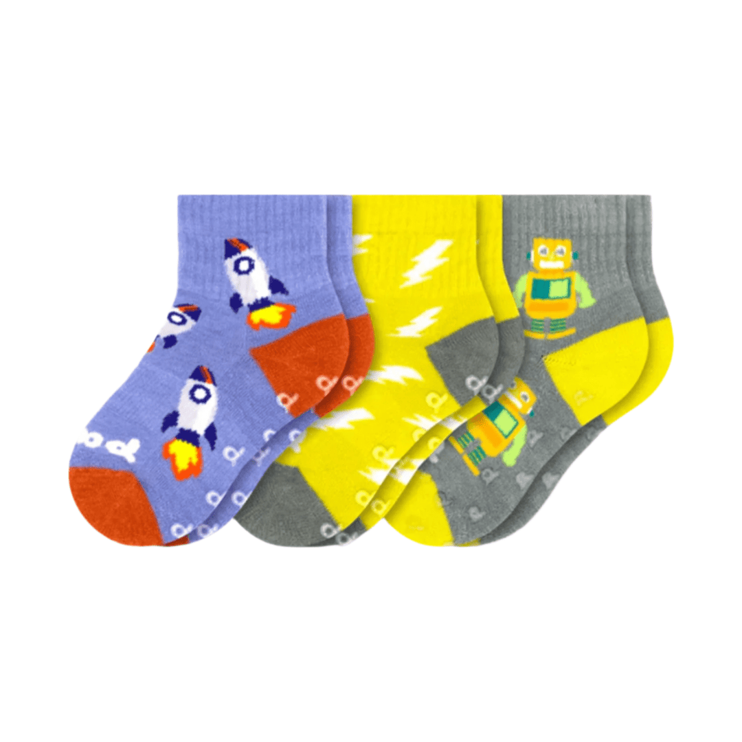 Pacas Toddler Gripper Socks 3 Pack- Robot/ Rocket/ Bolt Socks Pacas   