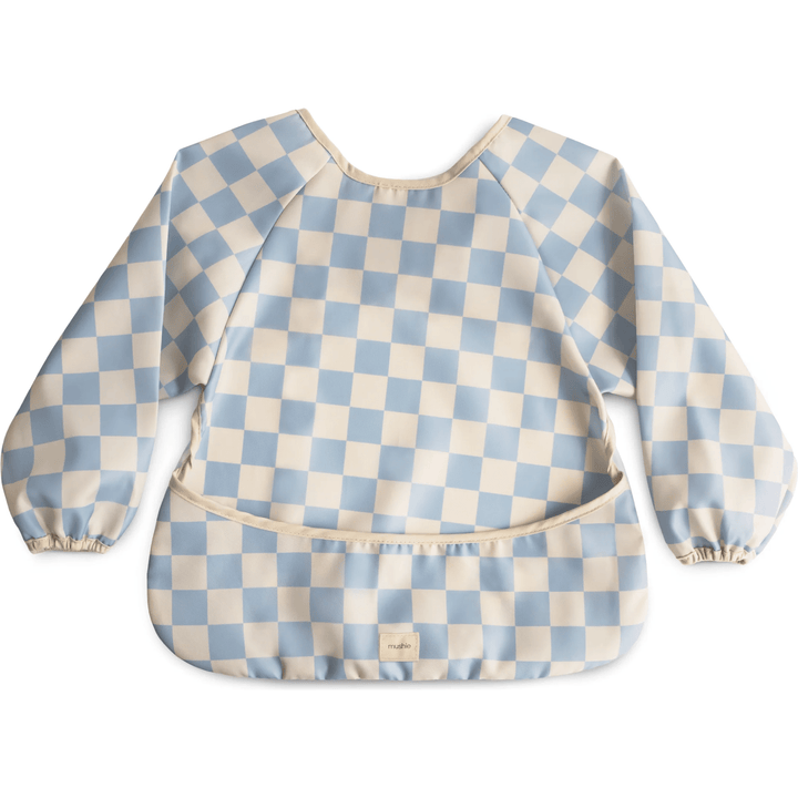 Mushie Long Sleeve Bib Mealtime Mushie Blue Check  