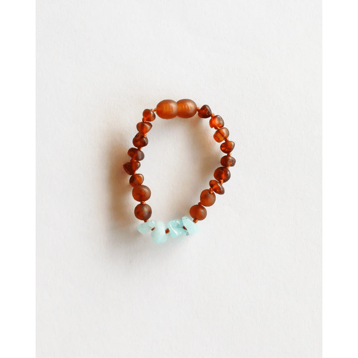 Canyonleaf Kids Raw Amber Bracelet 5" Teeny Pacifiers and Teething Canyonleaf Raw Cognac Amber and Raw Aquamarine  